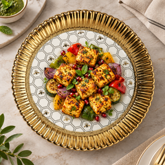 Devnow Royal Hive Round Platter | Premium Gold-Rimmed Decorative Serving Plate | Elegant Serveware