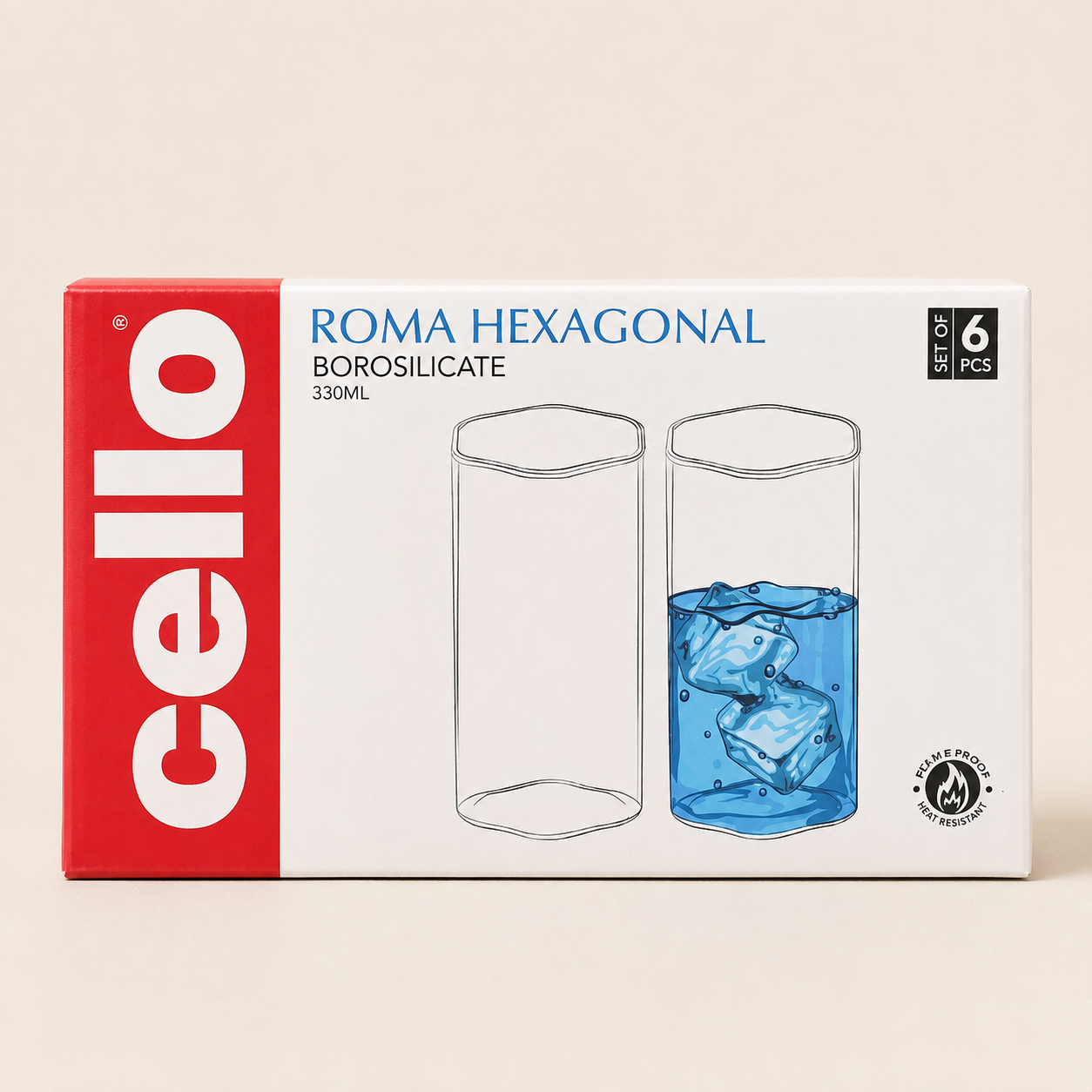 Cello Roma Hexa 330ml 6 Drinking Glasses – Clear Glass Tumbler