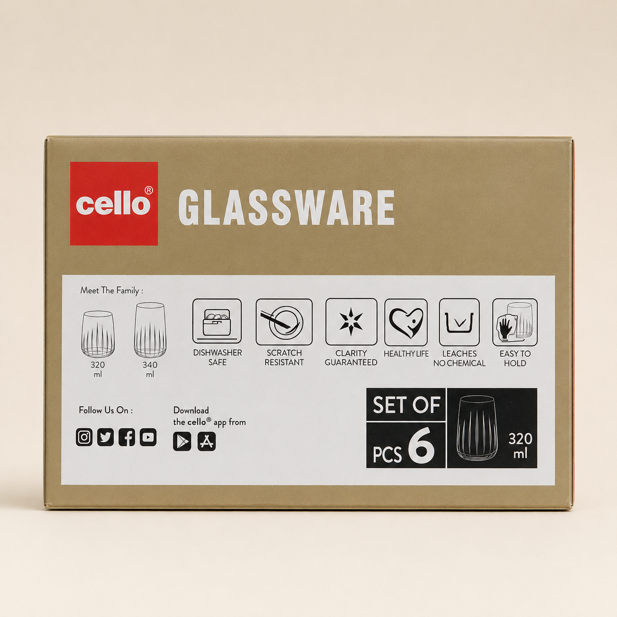 Cello Elysia 320ml 6 Drinking Glass – Premium Glass Tumbler