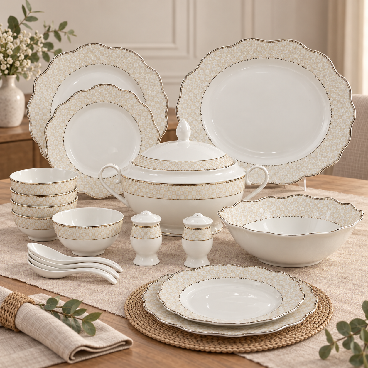Hi Luxe 37-Piece Premium Golden Dinner Set | Elegant Cream and Golden Tableware Set