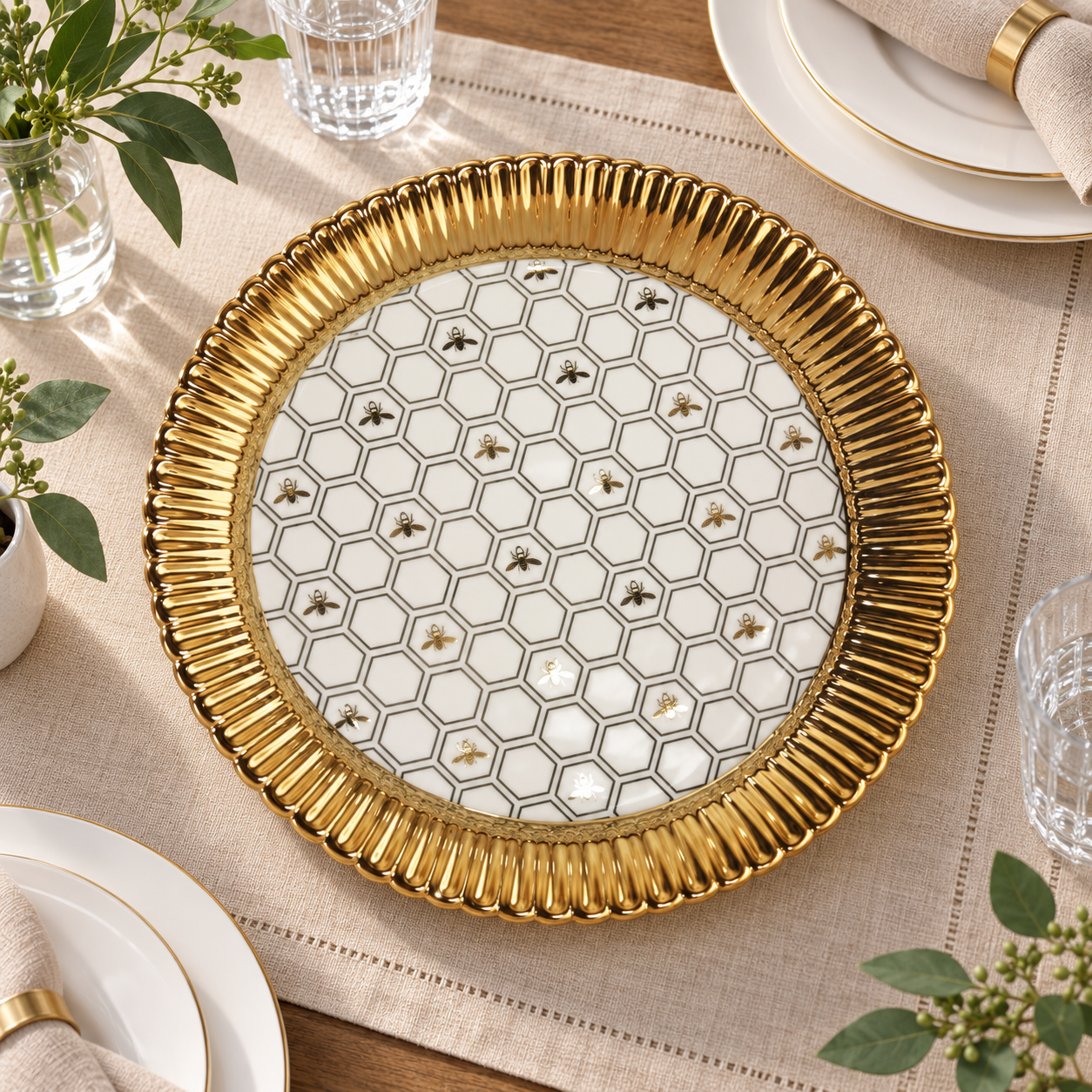 Devnow Royal Hive Round Platter | Premium Gold-Rimmed Decorative Serving Plate | Elegant Serveware