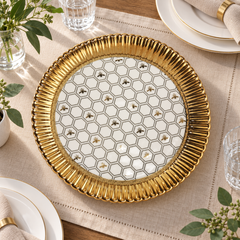Devnow Royal Hive Round Platter | Premium Gold-Rimmed Decorative Serving Plate | Elegant Serveware