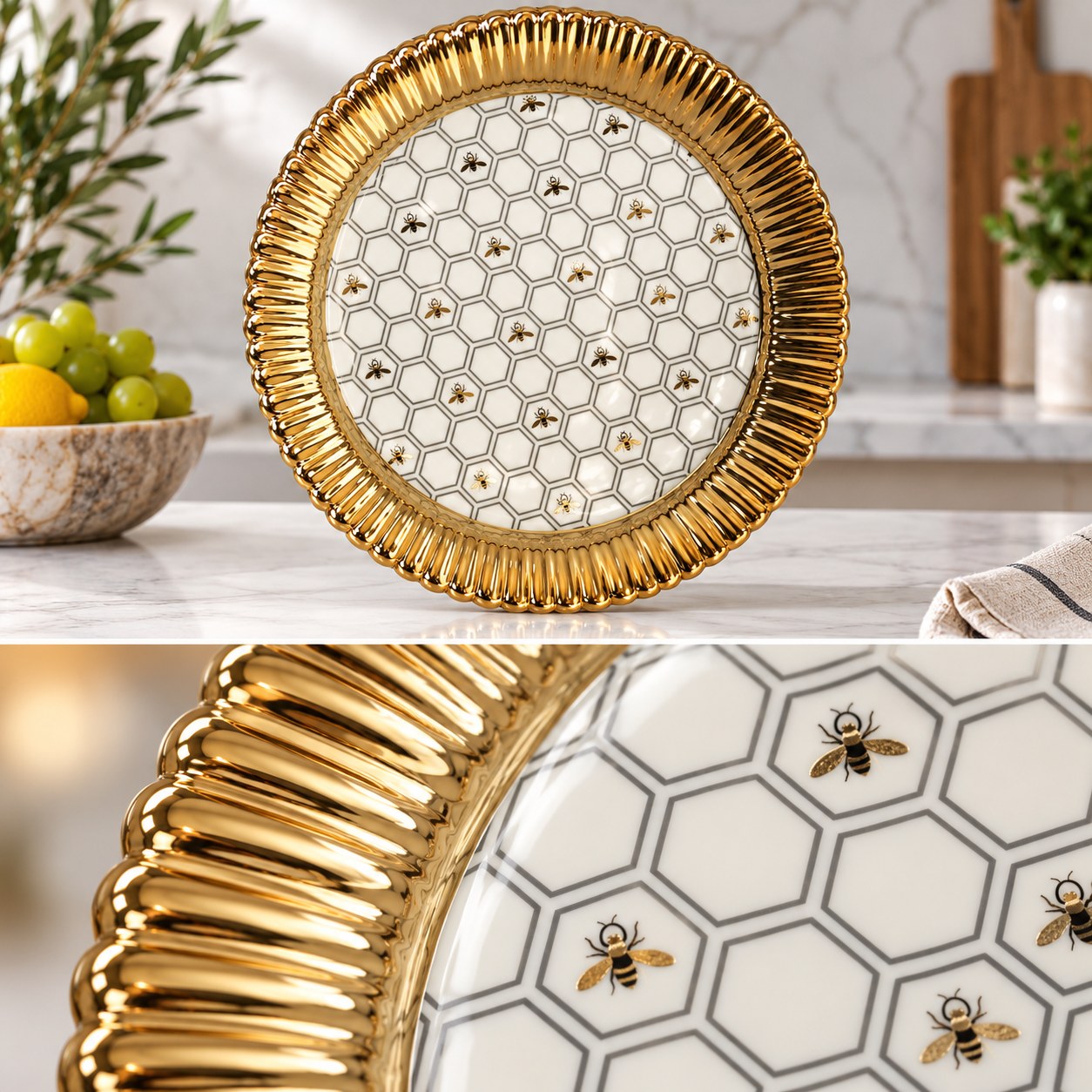 Devnow Royal Hive Round Platter | Premium Gold-Rimmed Decorative Serving Plate | Elegant Serveware