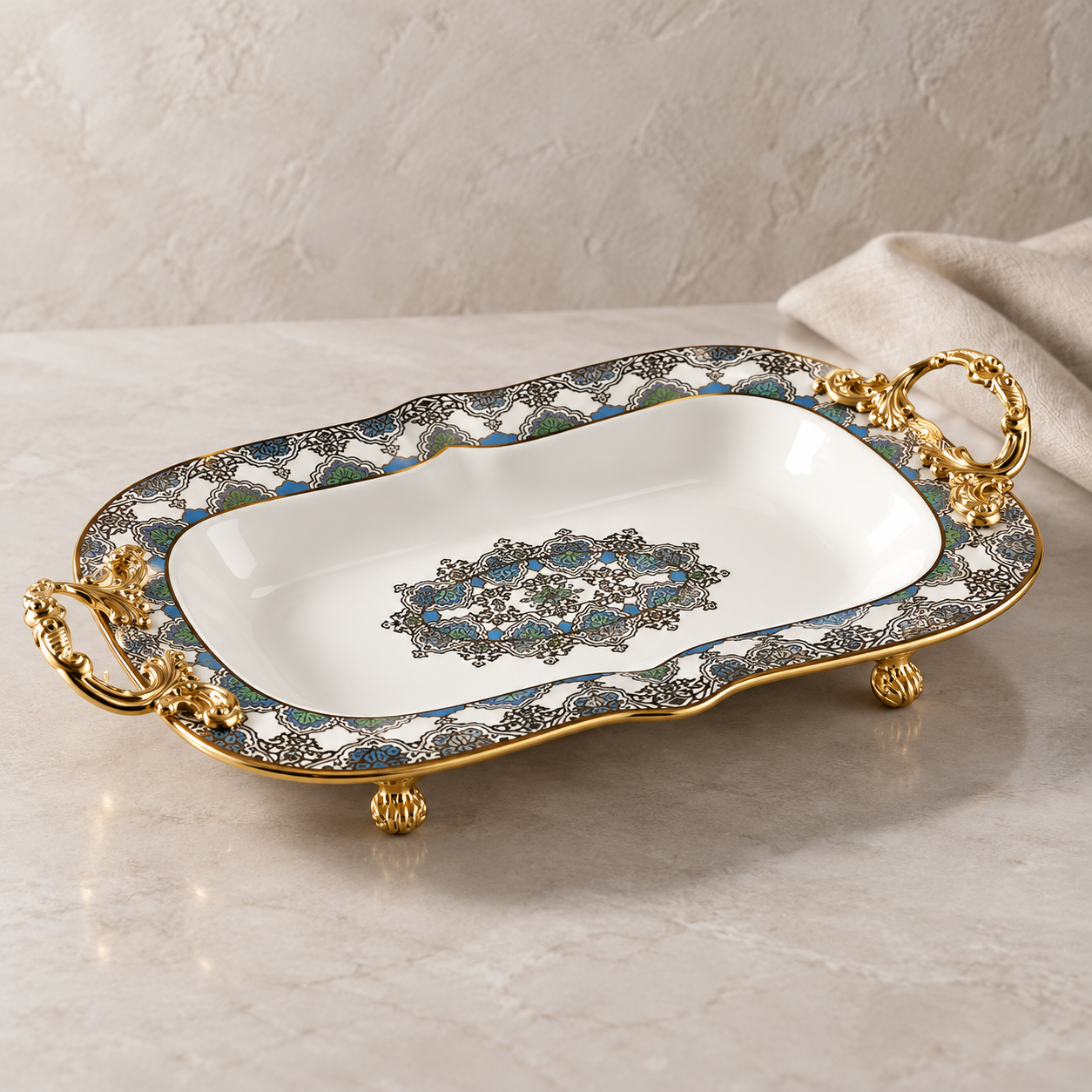 Lemon Tree LT Platter G Rect | Premium Rectangular Serving Platter with Ornate Gold Handles