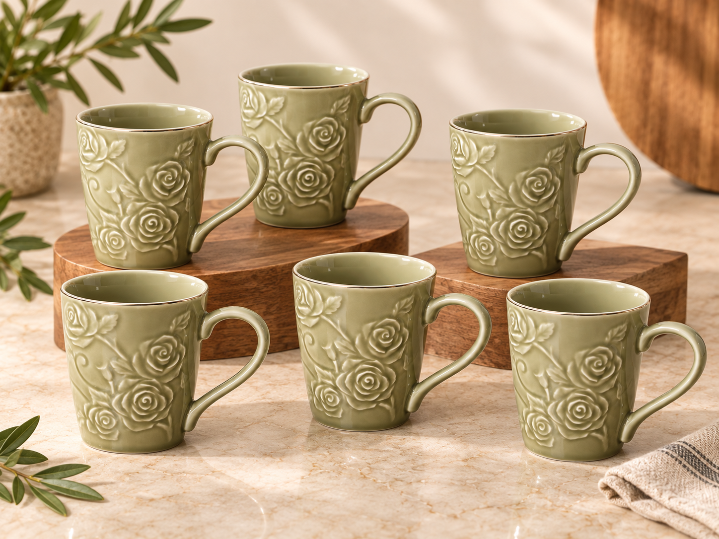 Vigneto V Dark Green 6 Pcs Mugs | Elegant Dark Green Coffee & Tea Mug Set