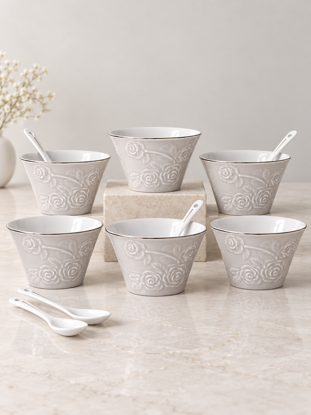 Vigneto V Grey Ice Cream Set 12 Pcs | Elegant Ice Cream Bowl Set