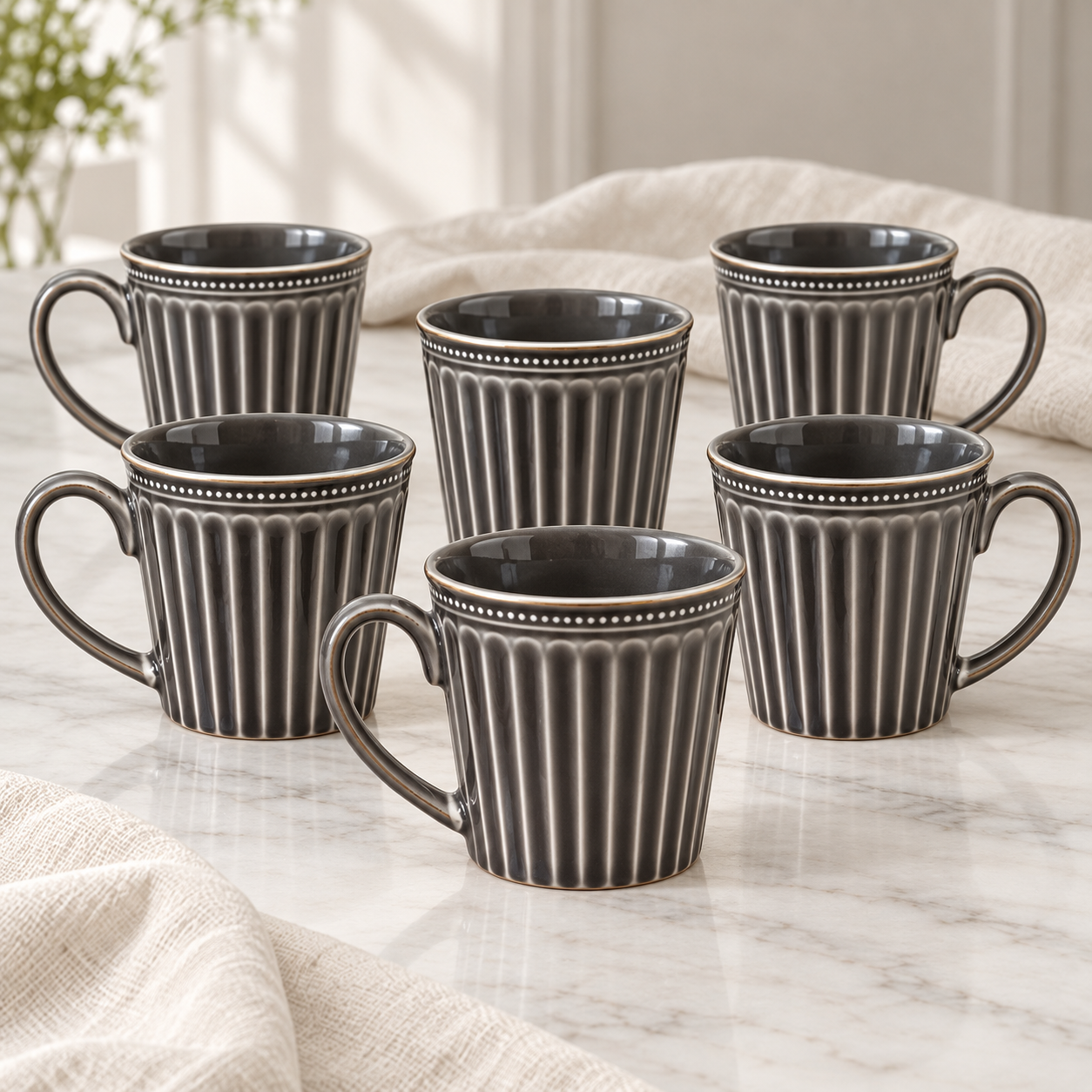 Vigneto Premium Ribbed 6 Cup Set | Elegant Fluted Tea & Coffee Cups