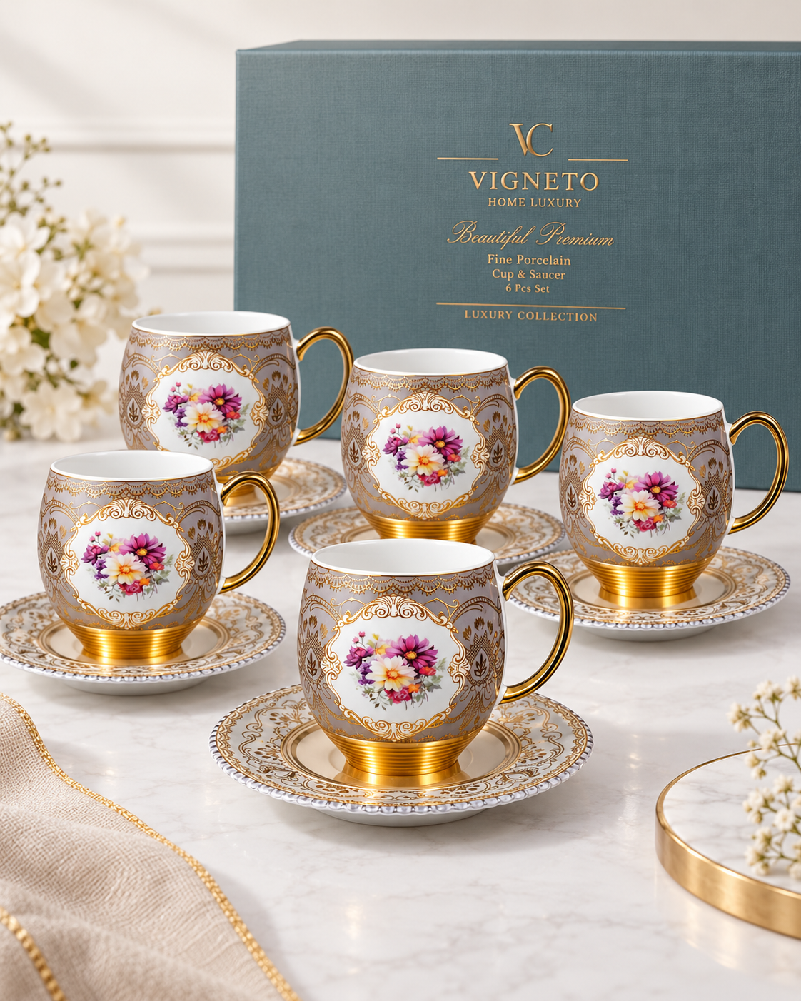 Vigneto V Golden Cup & Saucer 215 | Premium Floral Tea Cup Set