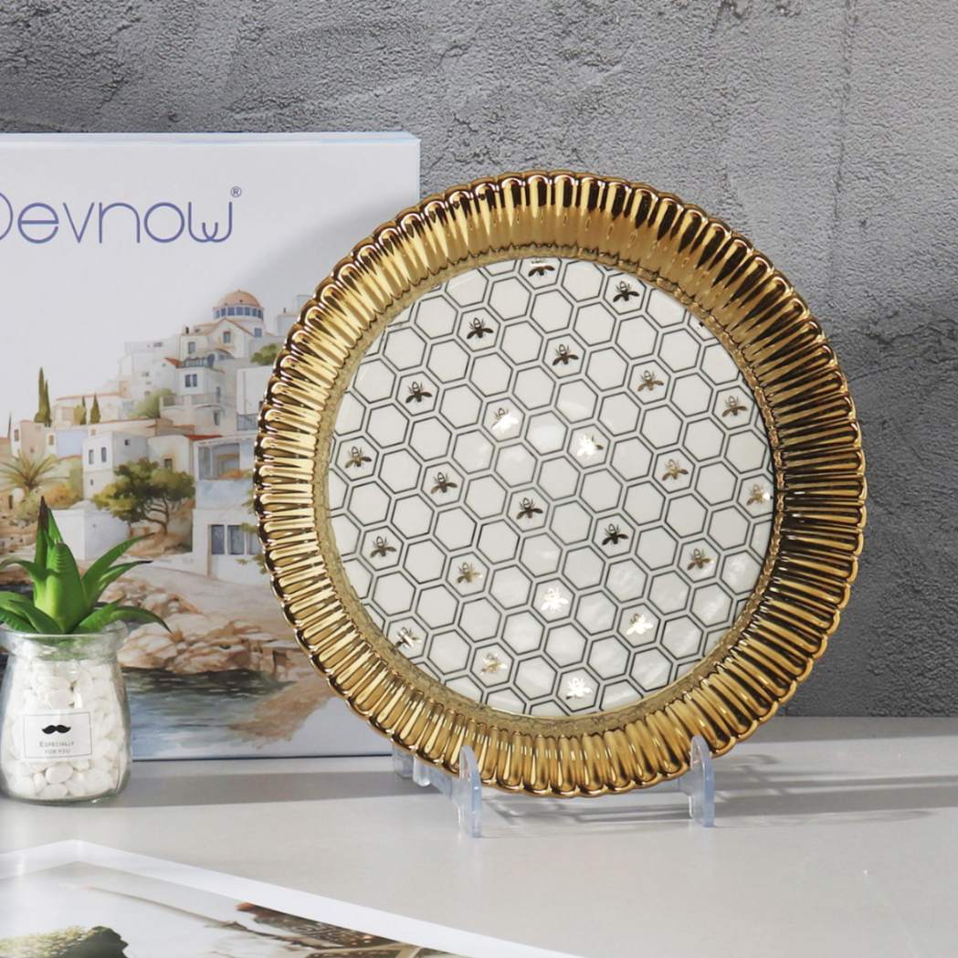 Devnow Royal Hive Round Platter | Premium Gold-Rimmed Decorative Serving Plate | Elegant Serveware