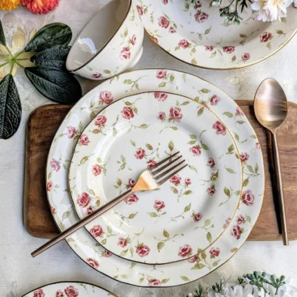 Devnow Floret Salad Plate | Elegant Floral Ceramic Plate with Gold Rim | Premium Tableware