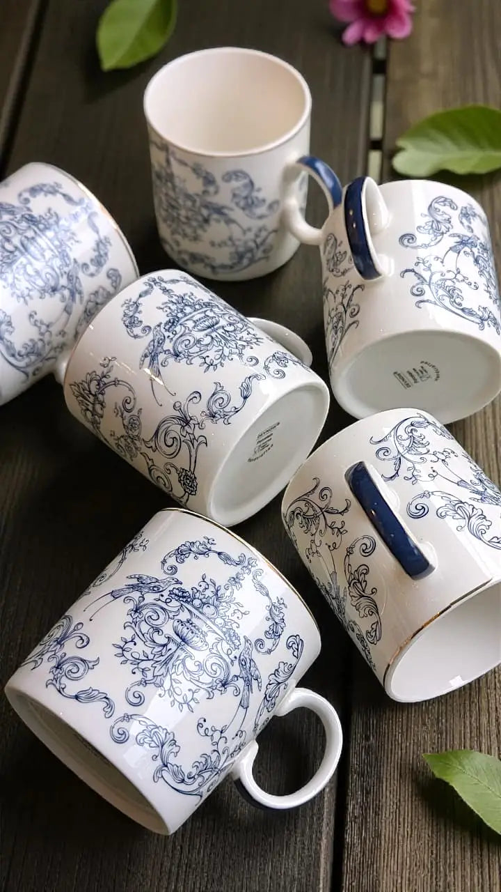 Devnow Elegant Classic Blue & White Floral Ceramic Tea Coffee Mug Set of 5 | Premium Cups & Mugs